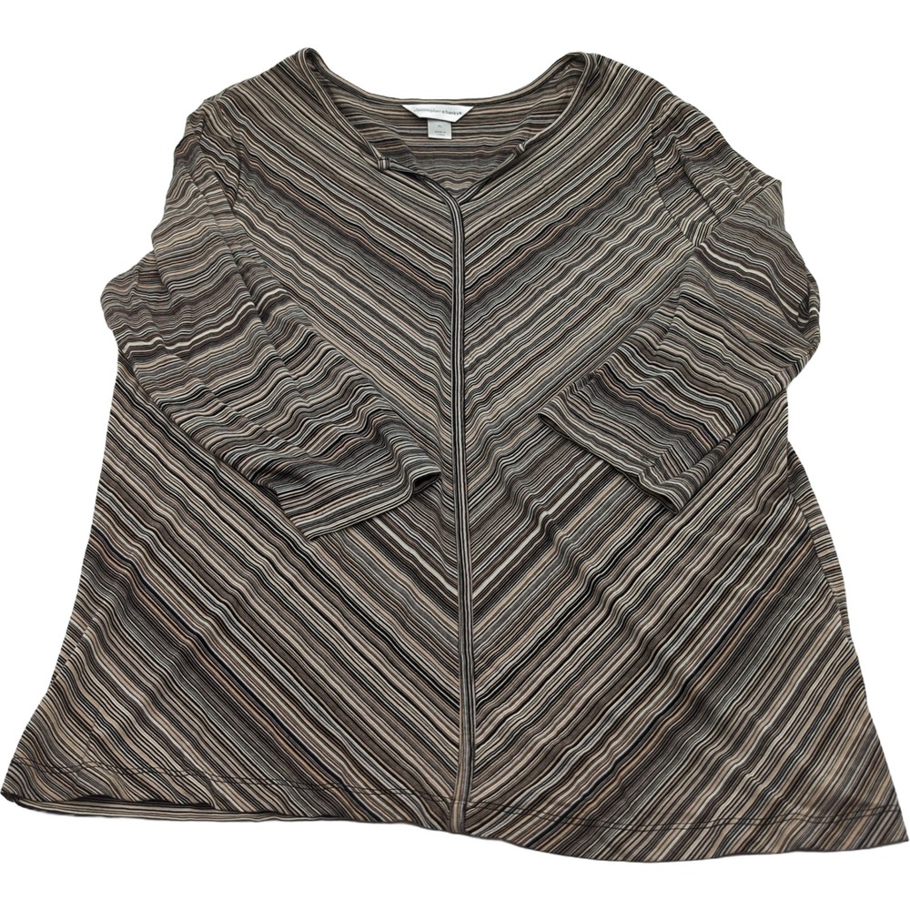 Christopher & Banks Striped Split Neck Top XL Brown Tan 3/4 Sleeve Cotton Modal